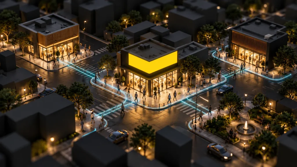 Maqueta de sucursales y un cartel amarillo sobre una cuadrícula urbana oscura