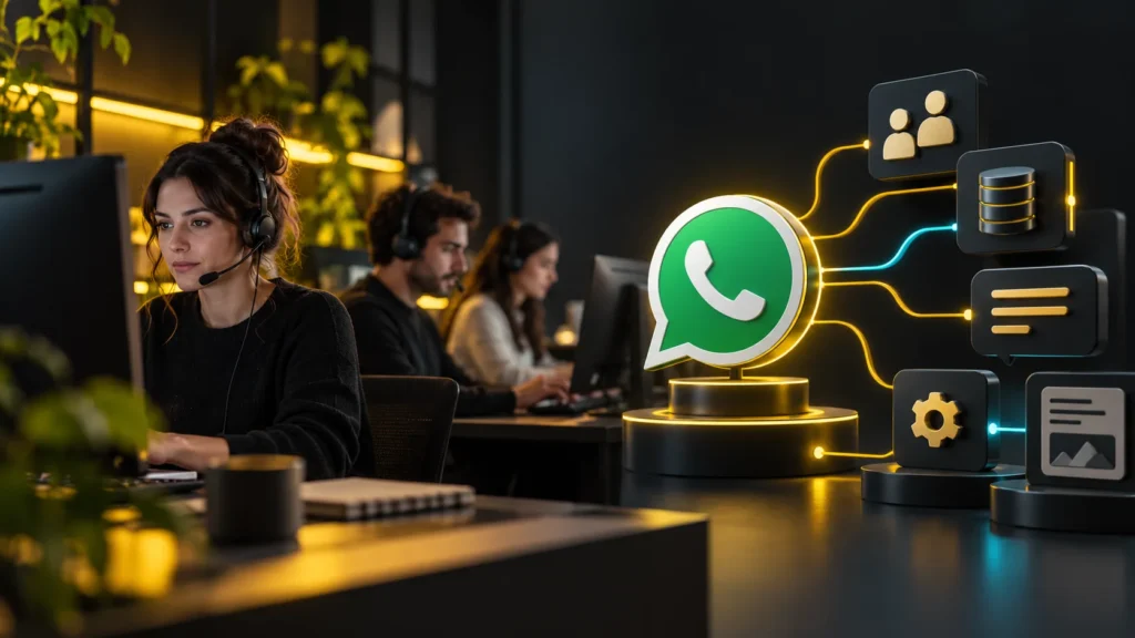 Un equipo con auriculares atiende computadoras junto a un símbolo de WhatsApp conectado a clientes, datos y herramientas